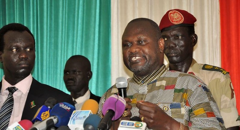 South Sudanese rebel leader Riek Machar addresses a news conference upon arriving at the Juba International Airport, South Sudan, April 26, 2016. 