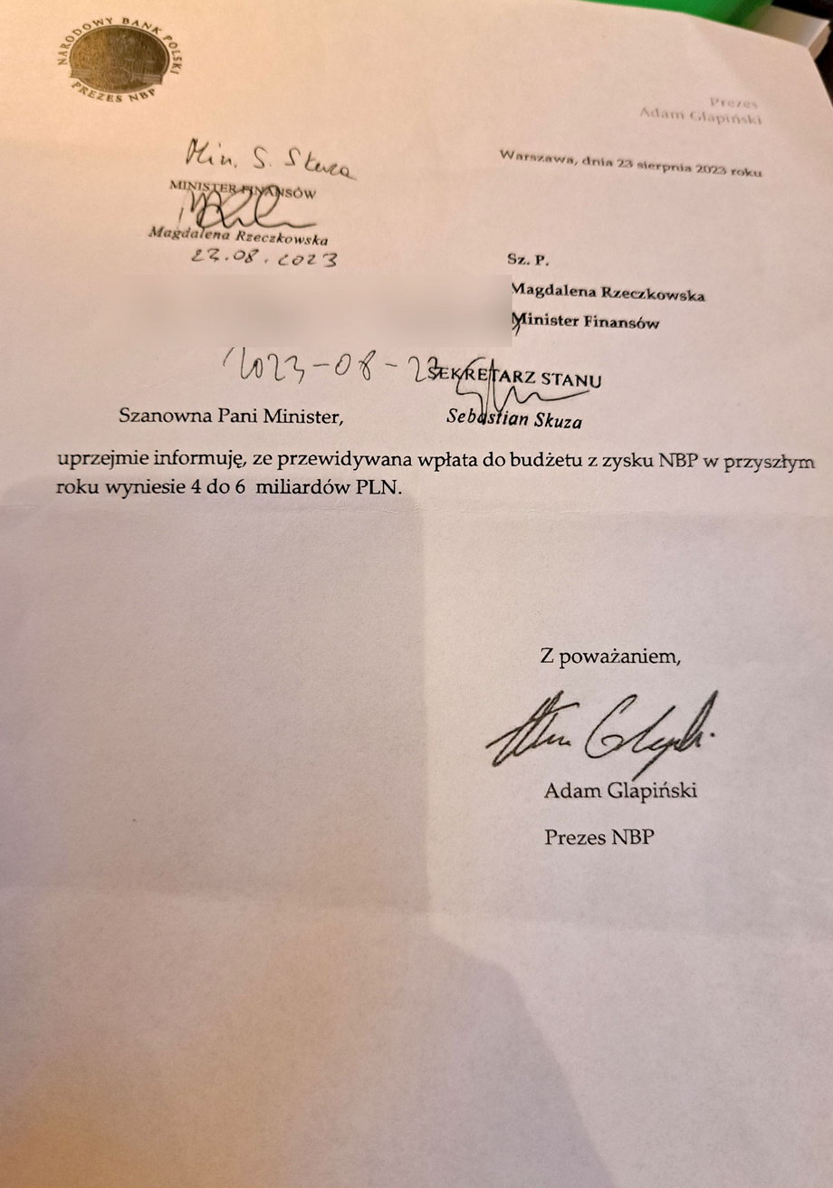 Pierwsze pismo prezesa NBP Adama Glapińskiego do minister finansów Magdaleny Rzeczkowskiej