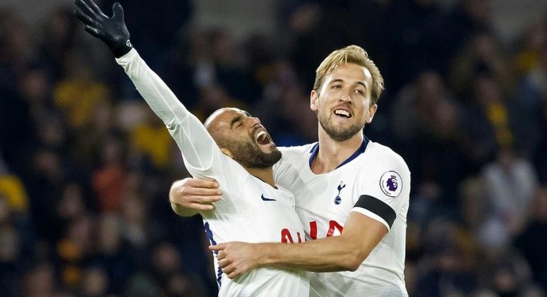 Tottenham's Lucas Moura celebrates with Harry Kane during their 3-2 win at Wolves