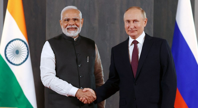 Russian President Vladimir Putin meets with India's Prime Minister Narendra Modi in India in September 2022.ALEXANDR DEMYANCHUK/SPUTNIK/AFP via Getty Images