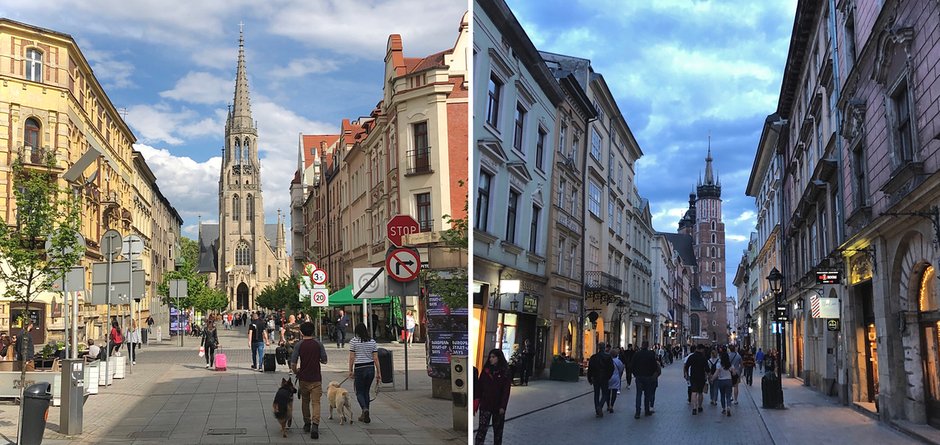 Ulice prowadzące do kościoła Mariackiego w Katowicach (po lewej) i Bazyliki Mariackiej w Krakowie