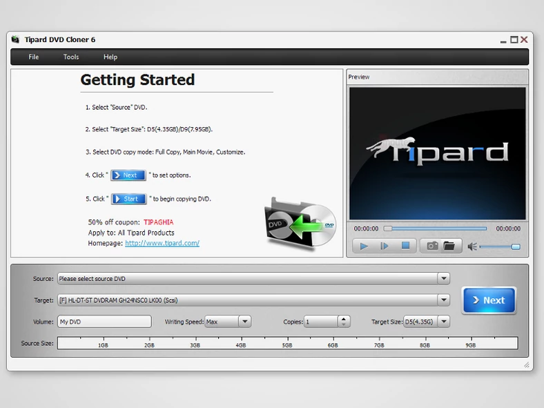 Główne okno programu do kopiowania płyt DVD - Tipard DVD Cloner