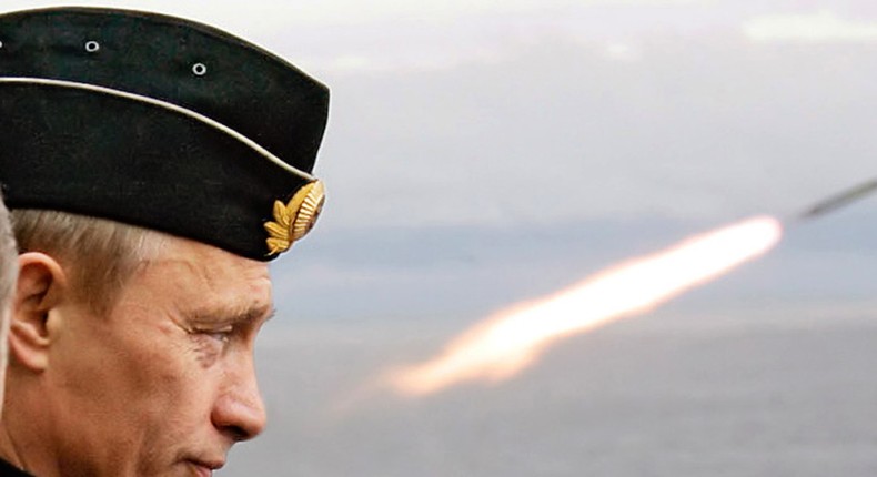 Russian President Vladimir Putin watches the launch of a missile during naval exercises in August 2005.