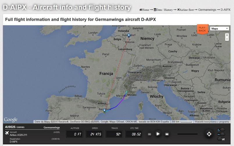 Trasa samolotu Airbus A320 linii Germanwings