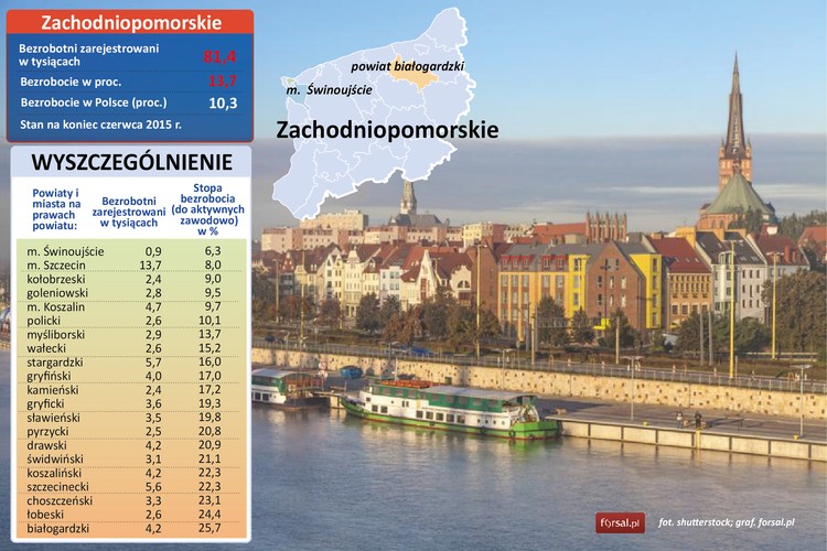 Miastem o najniższym bezrobociu, zarówno w liczbach bezwzględnych jak i wartości procentowej jest Świnoujście. Zarejestrowanych jest tam 900 bezrobotnych, co stanowi 6,3 proc. ludności aktywnej zawodowo w mieście. <br><br>Najwyższą stopę bezrobocia rejestrowanego odnotowano w powiecie białogradzkim, gdzie bez pracy pozostaje więcej, niż co czwarty pracownik (25,7 proc.). W urzędzie pracy zarejestrowanych jest 4,2 tys. ludzi szukających zatrudnienia. <br><br>Najwięcej bezrobotnych zarejestrowanych jest w Szczecinie – 13,7 tys. Jednocześnie miasto ma drugą najniższą stopę bezrobocia rejestrowanego – 8 proc. <br><br>W całym województwie Zachodniopomorskim zarejestrowanych jest 81,4 tys bezrobotnych, a stopa bezrobocia wynosi 13,7 proc. To więcej, niż średnia dla całego kraju, która wynosi 10,3 proc.
