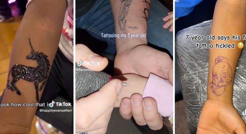 Videos of parents giving their toddlers fake tattoos have gone mega viral on TikTok.TikTok: @happilyevansafterr, @furnx420, @liltinootatts