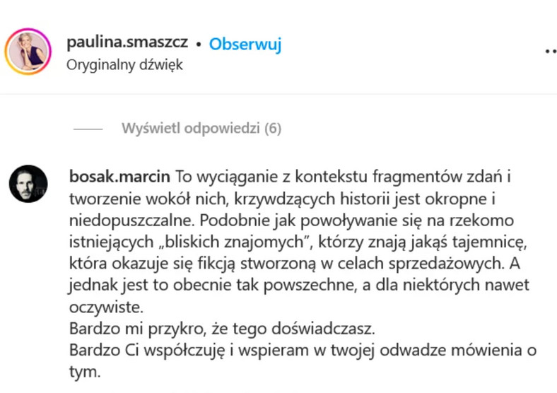 Marcin Bosak staje w obronie Pauliny Smaszcz