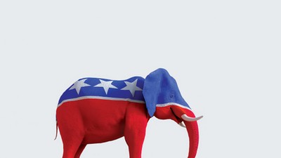 Elephant statue painted red, white and blue