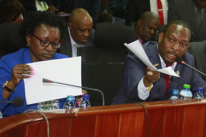 Governor Sonko accompanied by County Secretary Pauline Kahiga during a past appearance at Parliament (Twitter) 