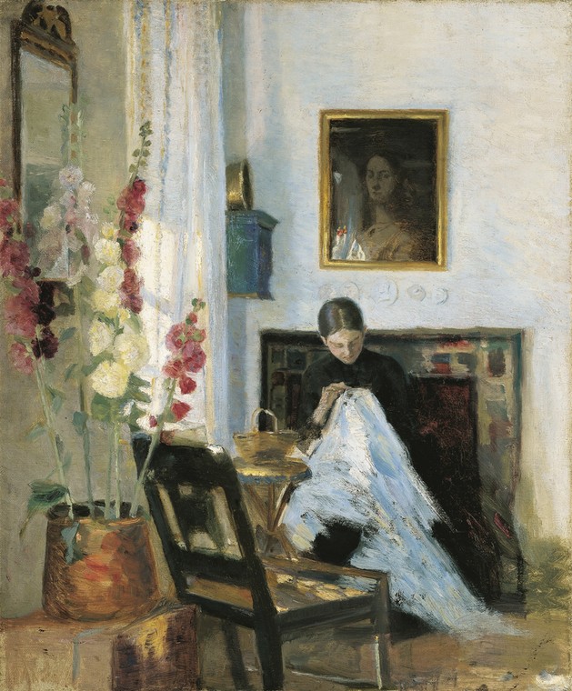 Marie Krøyer (1867–1940, Dania). Wnętrze z szyjącą dziewczyną, olej, płótno Art. Museums of Skagen