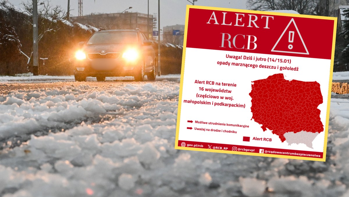 Prawie cała Polska objęta alertem RCB przed marznącym deszczem i gołoledzią dla 14 województw [Źródło: Onet]