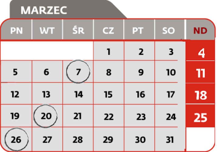 <strong>7 marca </strong>
<br>Termin złożenia deklaracji CIT-7
<br>Termin przekazania przez płatnika, o którym mowa w art. 26 ust 1 CIT, pobranego zryczałtowanego podatku
<br>Termin przekazania przez płatnika podatku od należności wypłaconych osobom niemającym w RP miejsca zamieszkania/siedziby z tytułu art. 21 ust 1 i art. 22 ust 1 CIT
<br>Termin płatności podatku w formie karty podatkowej
<br>Termin wpłaty pobranego przez płatnika podatku PCC, SD
<br>Termin złożenia przez płatnika deklaracji: PCC-2, SD-2<br><br>
<strong>20 marca</strong>
<br>Termin złożenia informacji CIT-ST
<br>Termin płatności zaliczki CIT
<br>Termin płatności zaliczki CIT w formie uproszczonej
<br>Termin płatności zaliczki PIT wg skali podatkowej
<br>Termin płatności zaliczki PIT podatek liniowy
<br>Termin płatności zaliczki PIT w formie uproszczonej
<br>Termin płatności zaliczki PIT przez podatników uzyskujących dochody bez pośrednictwa płatnika
<br>Termin płatności ryczałtu od przychodów ewidencjonowanych
<br>Termin wpłaty pobranych przez płatnika zaliczek PIT i zryczałtowanego podatku PIT od kwot wypłaconych<br><br>
<strong>26 marca</strong>

<br>Termin złożenia informacji VAT-27
<br>Termin złożenia deklaracji VAT-7
<br>Termin złożenia deklaracji VAT-8 - przy wewnątrzwspólnotowym nabyciu powyżej 10000 Euro
<br>Termin złożenia deklaracji VAT-9M
<br>Termin złożenia deklaracji VAT-12 w zakresie usług taksówek osobowych opodatkowanych w formie ryczałtu
<br>Termin złożenia deklaracji VAT-13 - rozliczenie transakcji wewnątrzwspólnotowych dostaw towarów podatników, którego dokonuje przedstawiciel podatkowy w imieniu własnym i na rzecz podatników
<br>Termin płatności podatku VAT
<br>Termin złożenia deklaracji VAT-UE WYŁĄCZNIE drogą elektroniczną