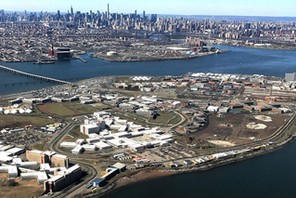 The Rikers Island Prison complex is seen from an airplane in the Queens borough of New York City, Ne