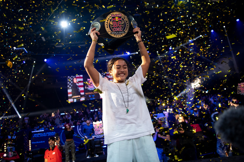 B-girl Logistx celebrates her victory at the Red Bull BC One B-girls World Final in the ERGO Arena in Gdansk, Poland on november 6