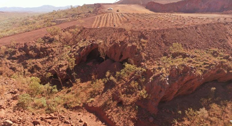 A photo taken by the PKKP Aboriginal Corporation on May 15 shows Juukan Gorge in Western Australia -- one of the earliest known sites occupied by Aboriginals in Australia -- that Rio Tinto has admitted damaging