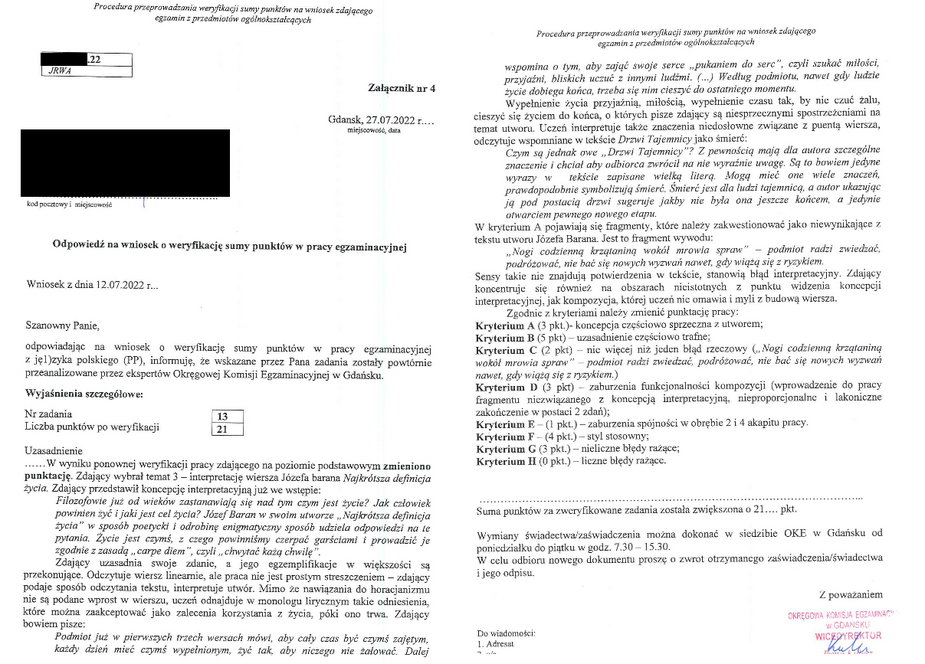 Decyzja OKE w Gdańsku z 27 lipca, podwyższająca punktację za interpretację napisaną przez maturzystę z Pomorza — z fragmentami jego pracy