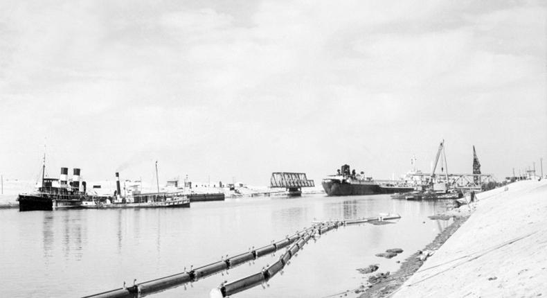 The Suez Canal in 1955, during a phase of major expansion and a year before it was nationalised by Egypt