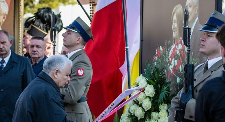 Jaroslaw Kaczynski -- the leader of the ruling Law and Justice party (PiS) -- lays a wreath to mark the seventh anniversary of the presidential plane crash in Smolensk, during a ceremony in Warsaw, on April 10, 2017