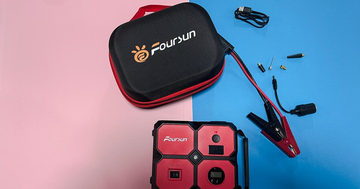 Foursun portable car jump starter with battery-powered air pump and light tested
