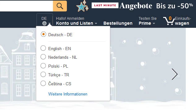 Wpisanie adresu amazon.pl prowadzi do niemieckiej wersji serwisu przetłumaczonej na język polski, ale jeśli z jakiegoś powodu język nie przestawi się automatycznie, to można go zmienić klikając w ikonę globusa umieszczoną pod polem wyszukiwarki. Tłumaczenie jest dalekie od ideału, ale lepsze niż żadne.