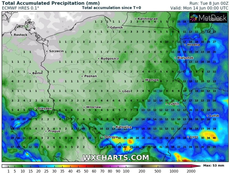 Prognozowana suma opadów do końca tygodnia (wxcharts.com)