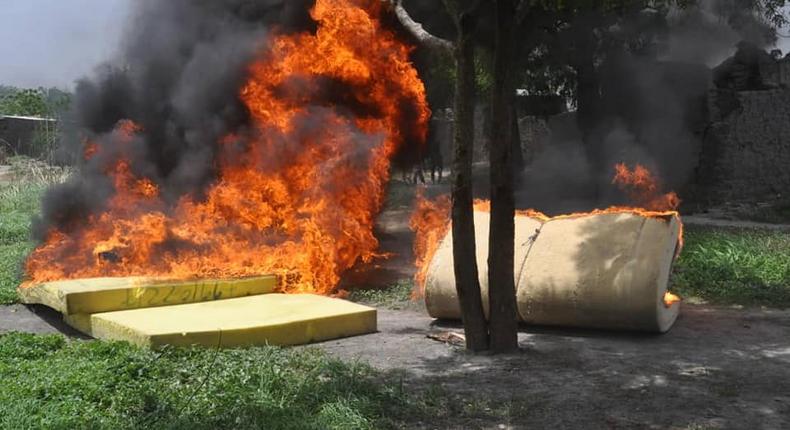 Illustrative photo of a Boko Haram camp being razed by the army [Nigerian Army]