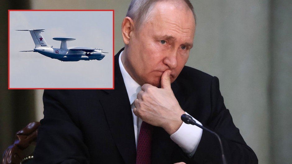 Władimir Putin oraz rosyjski samolot Berijew A-50