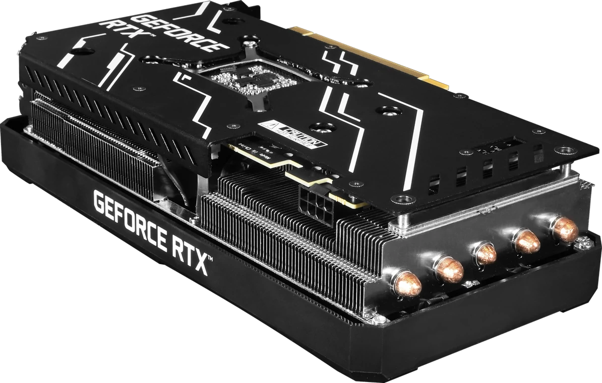 KFA2 GeForce RTX 3060 Ti GDDR6X 1-Click OC Plus – radiator układu chłodzenia z widocznymi ciepłowodami