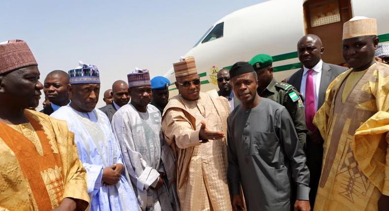 Governor of Borno, Alhaji Kashim Shettima receiving Acting President, Prof. Yemi Osinbajo during official visit to Borno on Thursday, June 8, 2017.