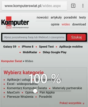 Instalowana fabrycznie przeglądarka internetowa Samsunga oferuje kilka praktycznych narzędzi, jak na przykład powiększanie tekstu.