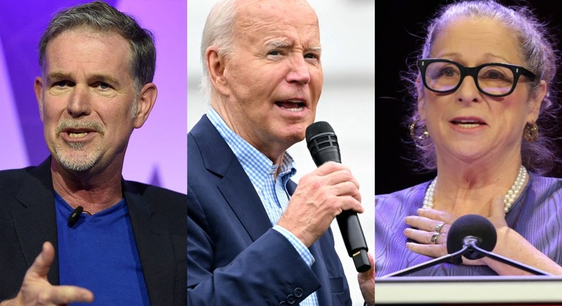 Democratic megadonors like Netflix cofounder Reed Hastings (left) and Abigail Disney are pressuring President Joe Biden to drop out.Getty Images