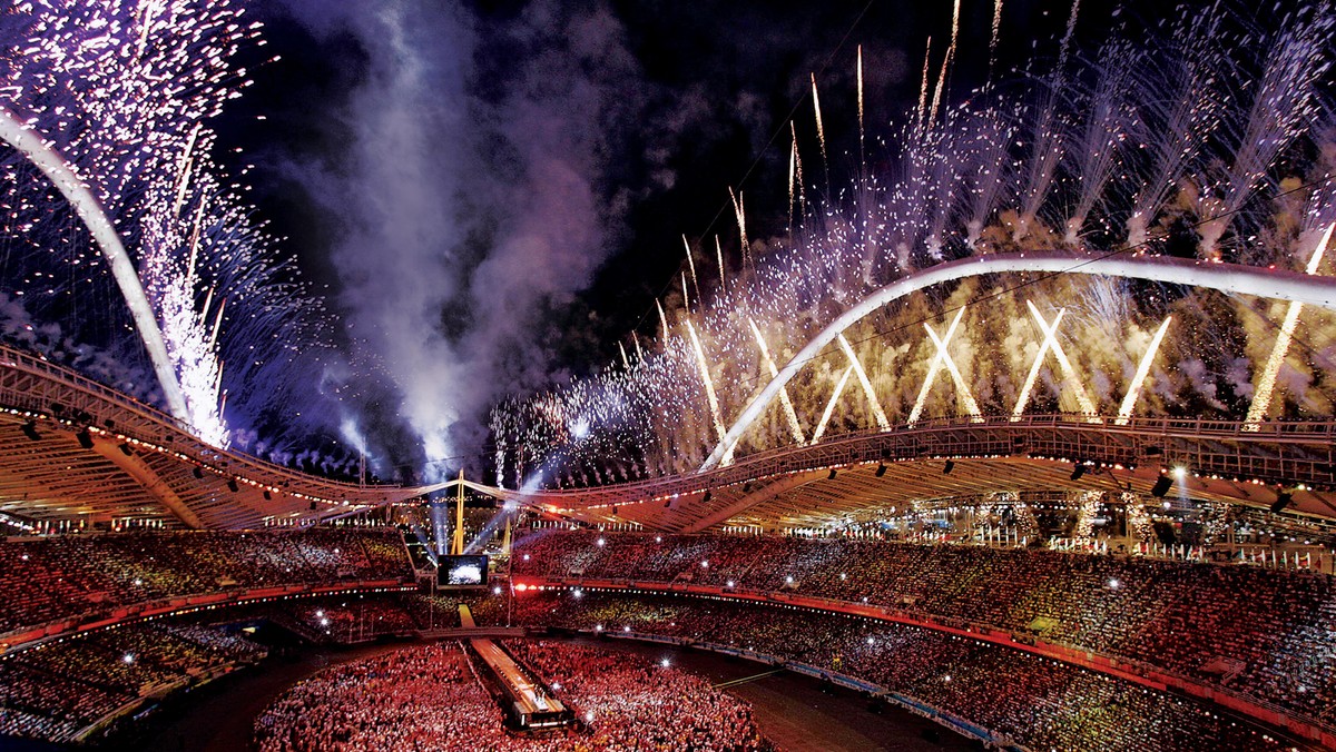 Fireworks explode over the Olympic Stadi