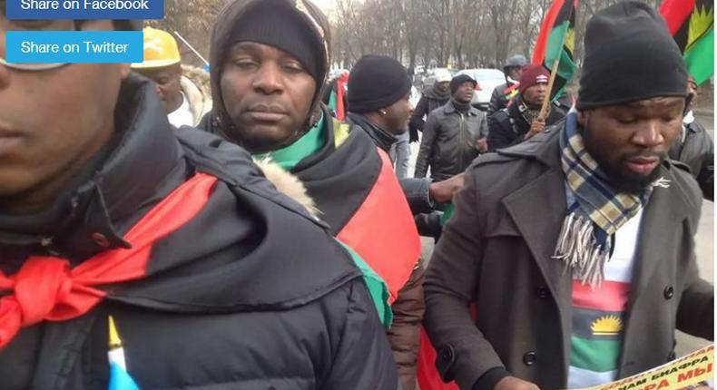 Biafra agitators in Ukraine match to the Nigerian Embassy in the country demanding the release of detained Nnamdi Kanu of Radio Biafra.