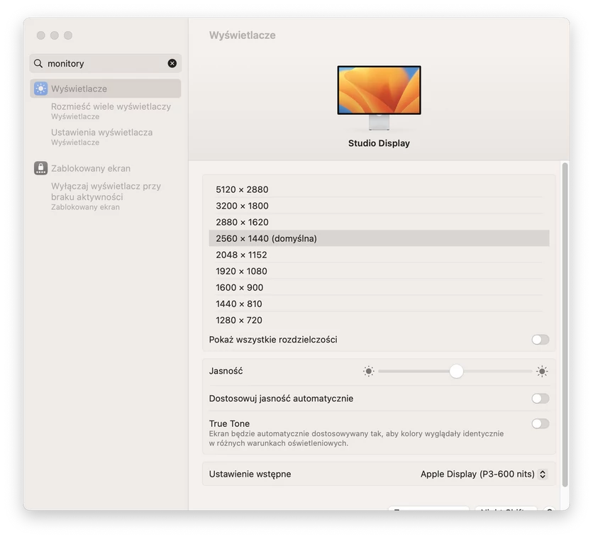 Apple Studio Display – ustawienia po podłączeniu do komputera z MacOS