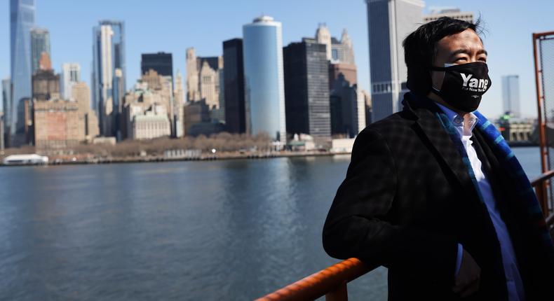 Andrew Yang, who is currently leading the contenders in his Democratic primary run for mayor of New York City, rides the Staten Island Ferry during a campaign stop to the borough on February 26, 2021 in New York City.
