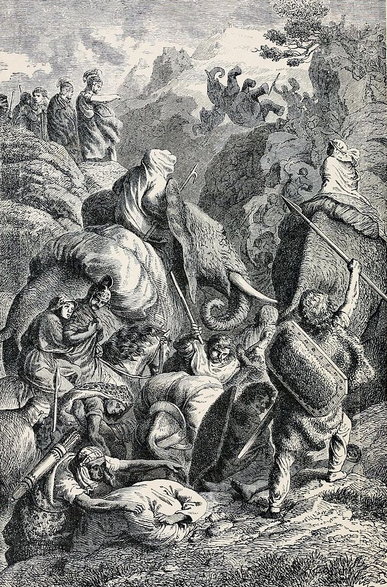 Przeprawa Hannibala przez Alpy. Rycina XIX-wieczna