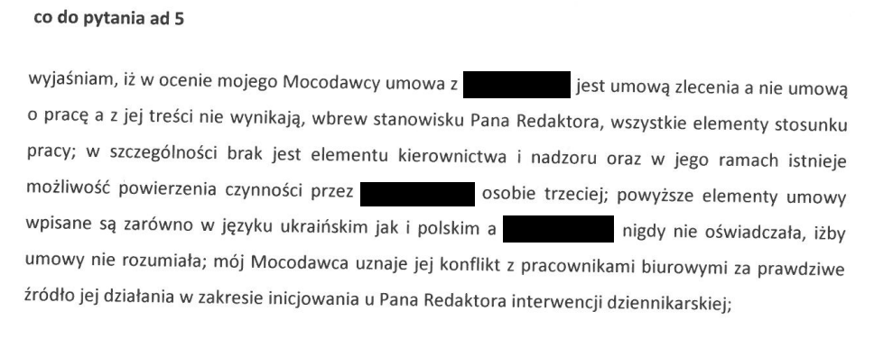 Fragment odpowiedzi od prawnika HR Solution, w którym przekonuje, że praca w pralni nie wypełnia znamion pracy w rozumieniu kodeksu pracy.