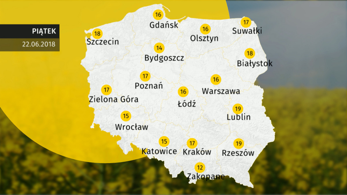 Pogoda dla Polski. Jaka pogoda dziś? W nocy z czwartku na piątek, 22 czerwca we wschodniej połowie Polski i na wybrzeżu prognozowane są przelotne opady deszczu i burze, lokalnie z ulewami, bardzo silnymi porywami wiatru, a gdzieniegdzie także z gradem.