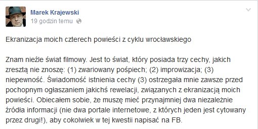 Pisarz poinformował o tym na swoim oficjalnym fanpage'u w jednym z portali społecznościowych