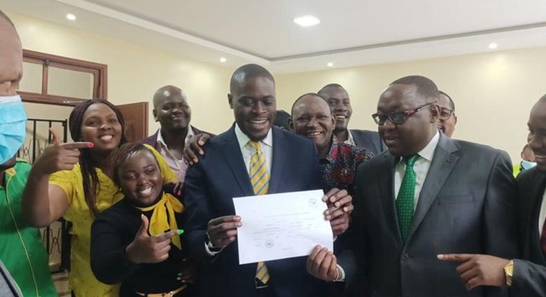 Johnson Sakaja with his running mate James Njoroge Muchiri shortly after they were cleared by IEBC to join the Nairobi gubernatorial contest