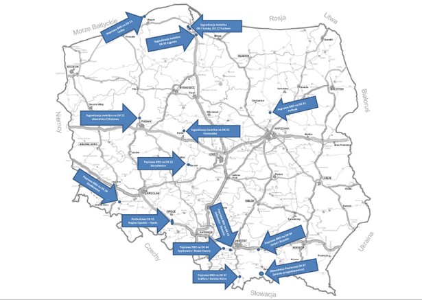 Mapa inwestycji skierowanych do realizacji, Źródło: Resort infrastruktury