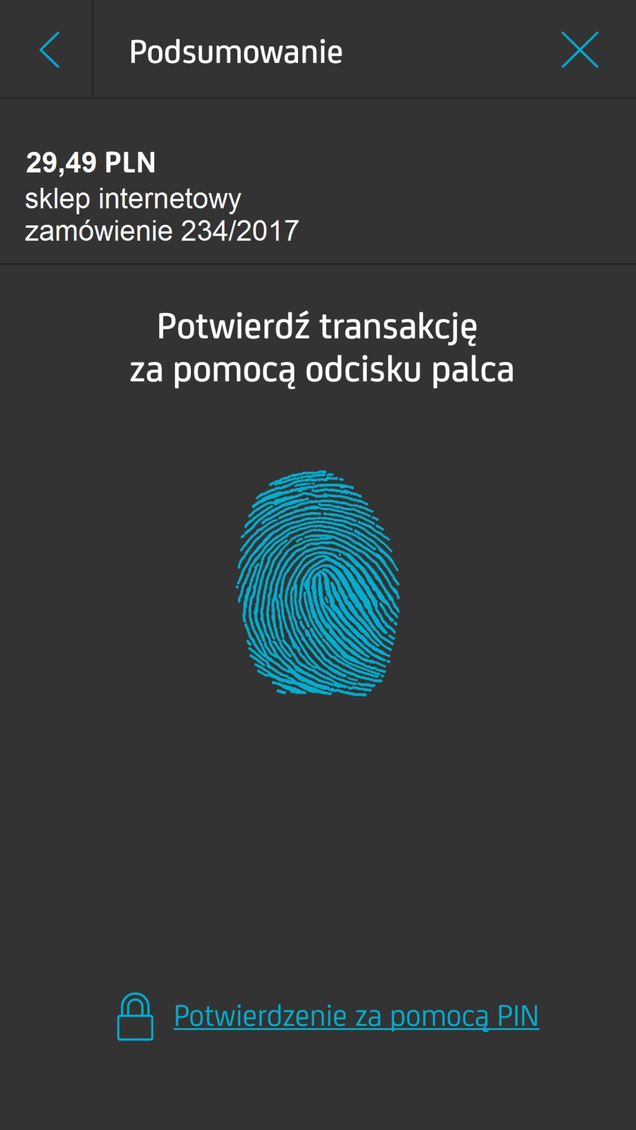 Potwierdzenie transakcji odciskiem palca w aplikacji PeoPay