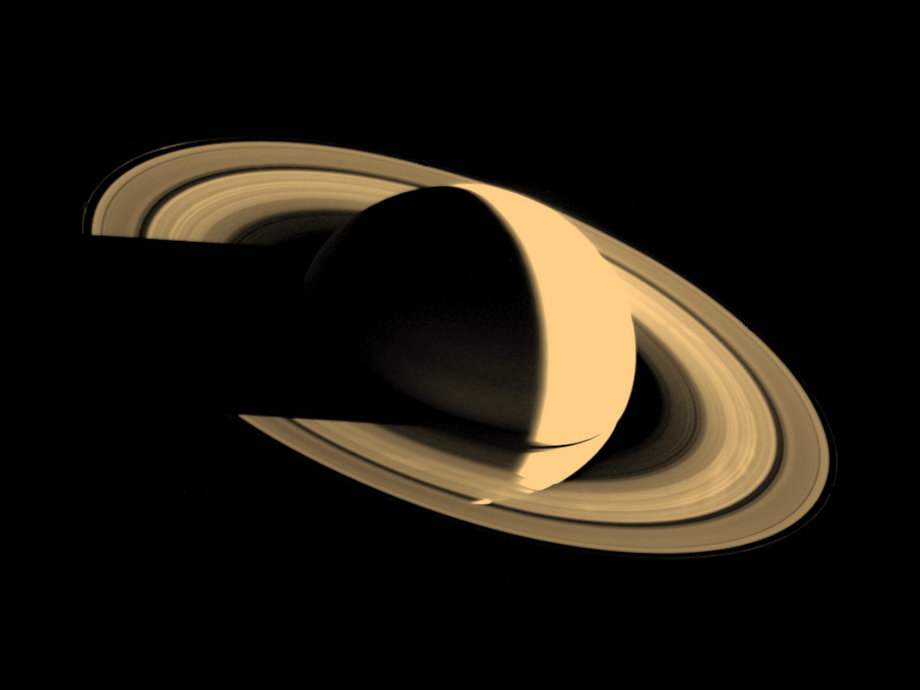 On November 16, 1980, Voyager 1 looked at Saturn for the last time and got a unique view of the partially shaded rings.