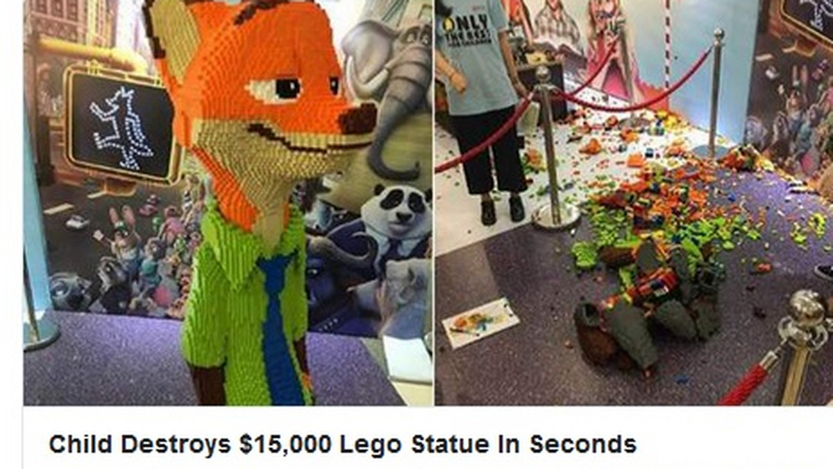 Wystarczyła chwila nieuwagi i zbudowana z 10 tys. klocków LEGO rzeźba warta 15 tys. dolarów rozpadła się na kawałki. Trzy dni pracy artysty poszły na marne. Sprawcą całego zamieszania było 4-letnie dziecko.