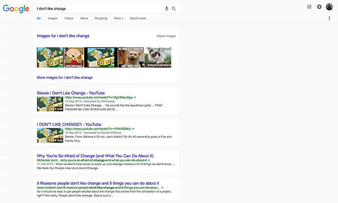 Wyszukiwanie hasła "nie lubię zmian" w nowej wersji Google.com. Cóż, w tym przypadku zmiany wyglądają dobrze!