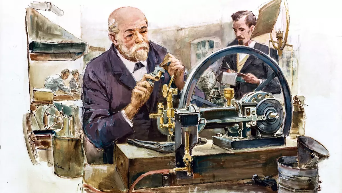 Daimler i Maybach (rysunek Hansa Liski) pracują nad pierwszym silnikiem wysokoobrotowym.