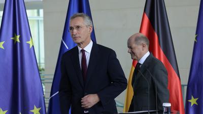 German Chancellor Olaf Scholz (R) and NATO Secretary General Jens Stoltenberg depart after speaking to the media prior to talks at the Chancellery on April 26, 2024 in Berlin, Germany.Sean Gallup/Getty Images