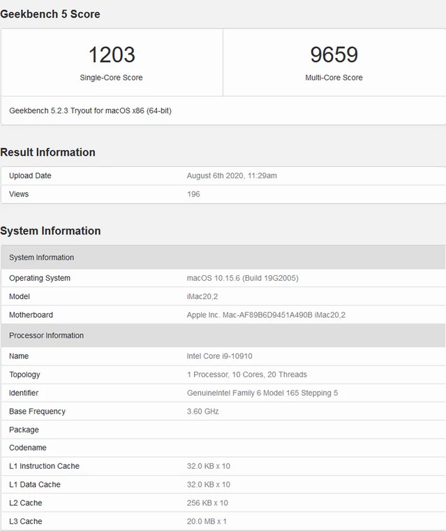 Intel Core i9-10910 w Geekbench