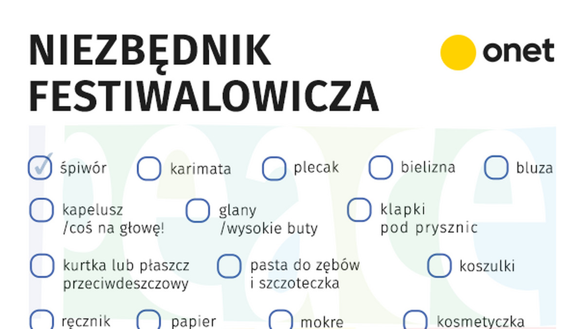 Po'and'Rok Festival to trzy dni muzyki, zabawy i spotkań. Festiwal w tym roku potrwa od 2 do 4 sierpnia. Sprawdź, co warto zabrać na Pol'and'Rock Festival. Naszą infografikę możesz wydrukować i użyć, kiedy będziesz się pakował na festiwal.