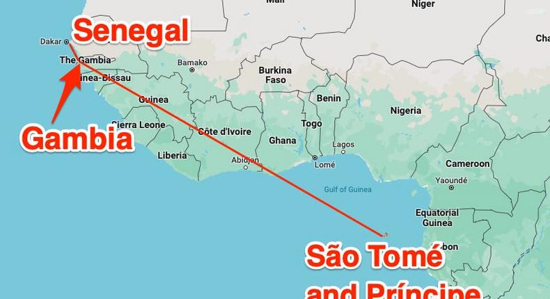 A map showing the distance between So Tom and Prncipe, Gambia, and Senegal — docking locations for the Norwegian Dawn cruise ship.Google Maps/Business Insider